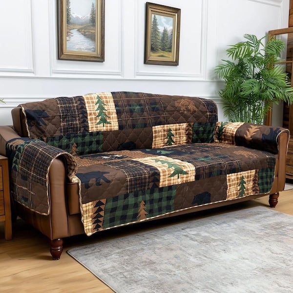 Brown Bear Cabin Tan and Green Polyester One Piece Oversized Sofa Furniture Slipcover