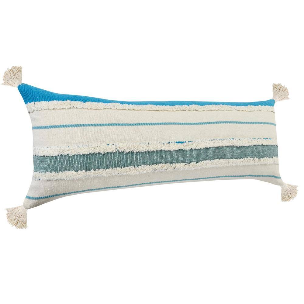 Aqua and White Bohemian Quarry Striped Lumbar Pillow, 14" x 36"
