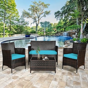 4-Piece Patio Rattan Conversation Furniture Set Outdoor Turquoise Cushioned