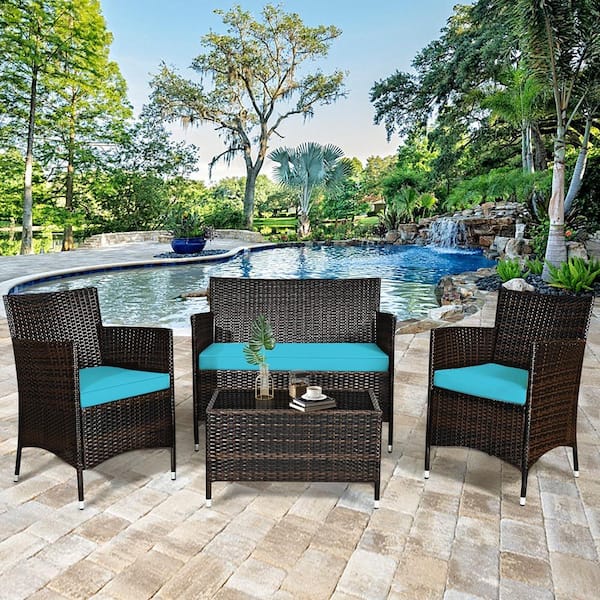 4-Piece Wicker Patio Conversation Set Outdoor Rattan Furniture Set with Turquoise Cushions
