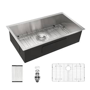 33 in. Undermount Single Bowl 16-Gauge Brushed Nickel Stainless Steel Kitchen Sink with Drying Rack and Dish Grid