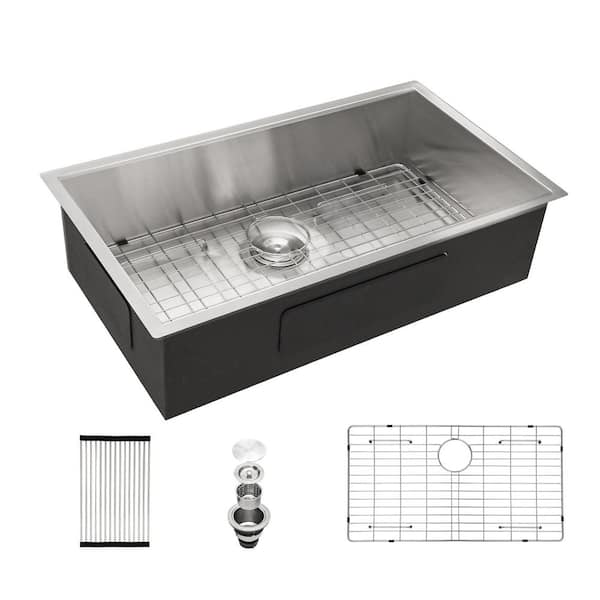 33 in. Undermount Single Bowl 16-Gauge Brushed Nickel Stainless Steel Kitchen Sink with Drying Rack and Dish Grid