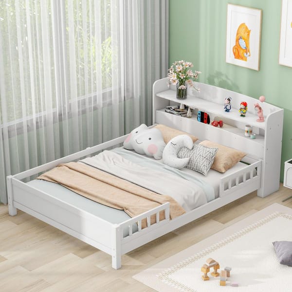 Honour White Wood Frame Full Size Platform Bed with Built-in LED Light, Storage Headboard and Guardrail