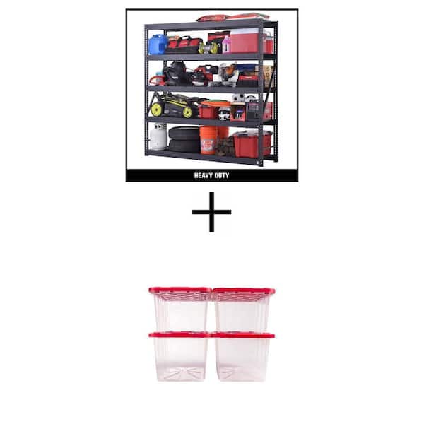 5-Shelf Metal Garage Shelving Unit (90 in.x90 in.x24 in.) with 27 Gal. Clear Tough Storage Totes Combo (4-Pack)