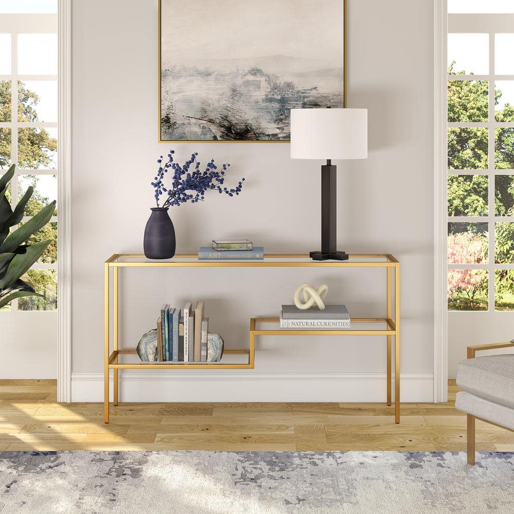 Evelyn&Zoe Lovett Modern Brushed Gold Console Table with Tempered Glass Shelves