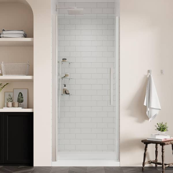 OVE Decors Pasadena 34 in. L x 32 in. W x 75 in. H Alcove Shower Kit w/Pivot Frameless Shower Door in SN w/ Shelves and Shower Pan