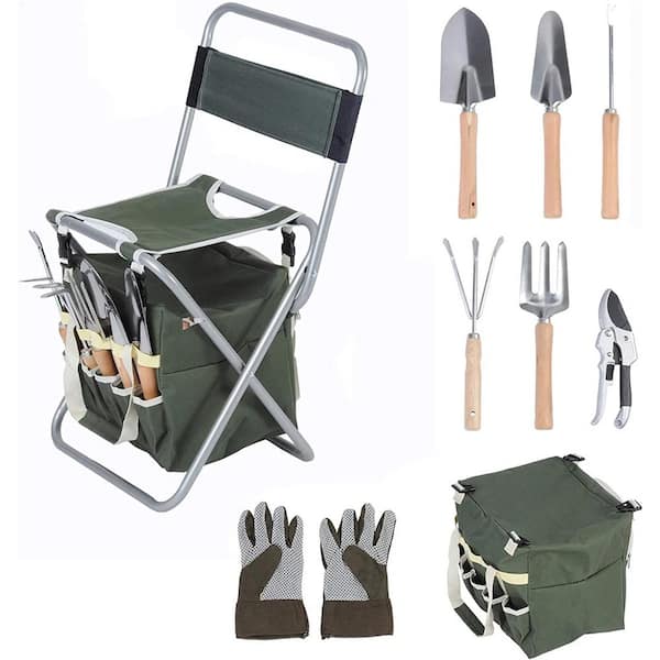 Afoxsos 9-Piece Garden Tools Set Ergonomic Wooden Handle Sturdy Stool with Detachable Tool Kit