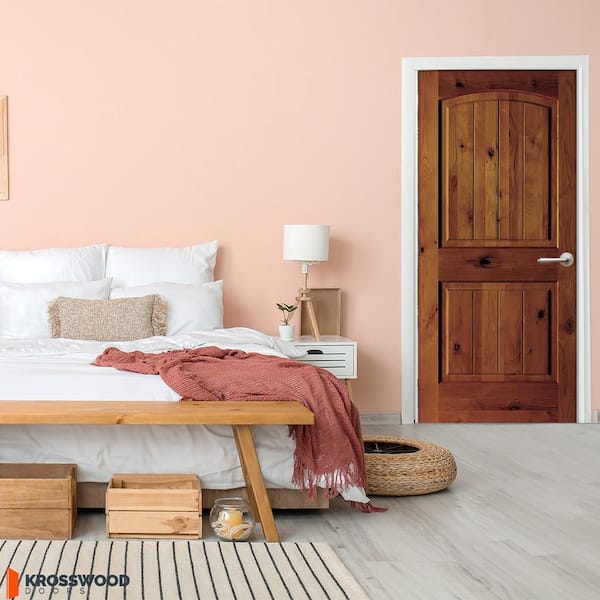 30in.x80in. Alder Left-Hand Red Chestnut Stain V-Groove Wood Assembly Required Interior Door Kit w/ Quick Assemble Jamb