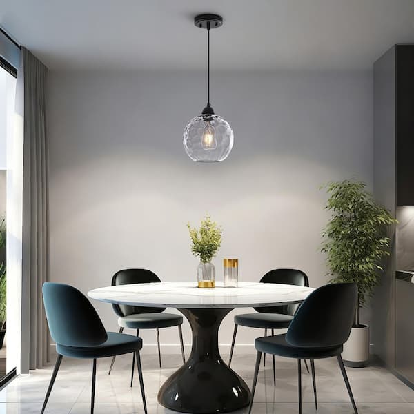 60-Watt 1 Light Matte Black Modern Pendant Light with Hammered Glass Shade