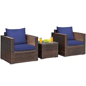 3-Piece Wicker Patio Conversation Set Sofa with Navy Blue Cushions