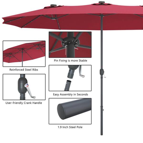 WELLFOR 15 ft. Steel Market Solar Patio Umbrella in Burgundy with LED  Lights HWY-#OP70084WN - The Home Depot