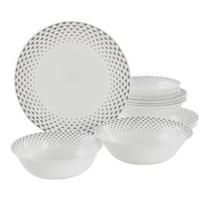 Cane Peak 12-Pcs Opal Glass Dinnerware Set in White With Grey Accents