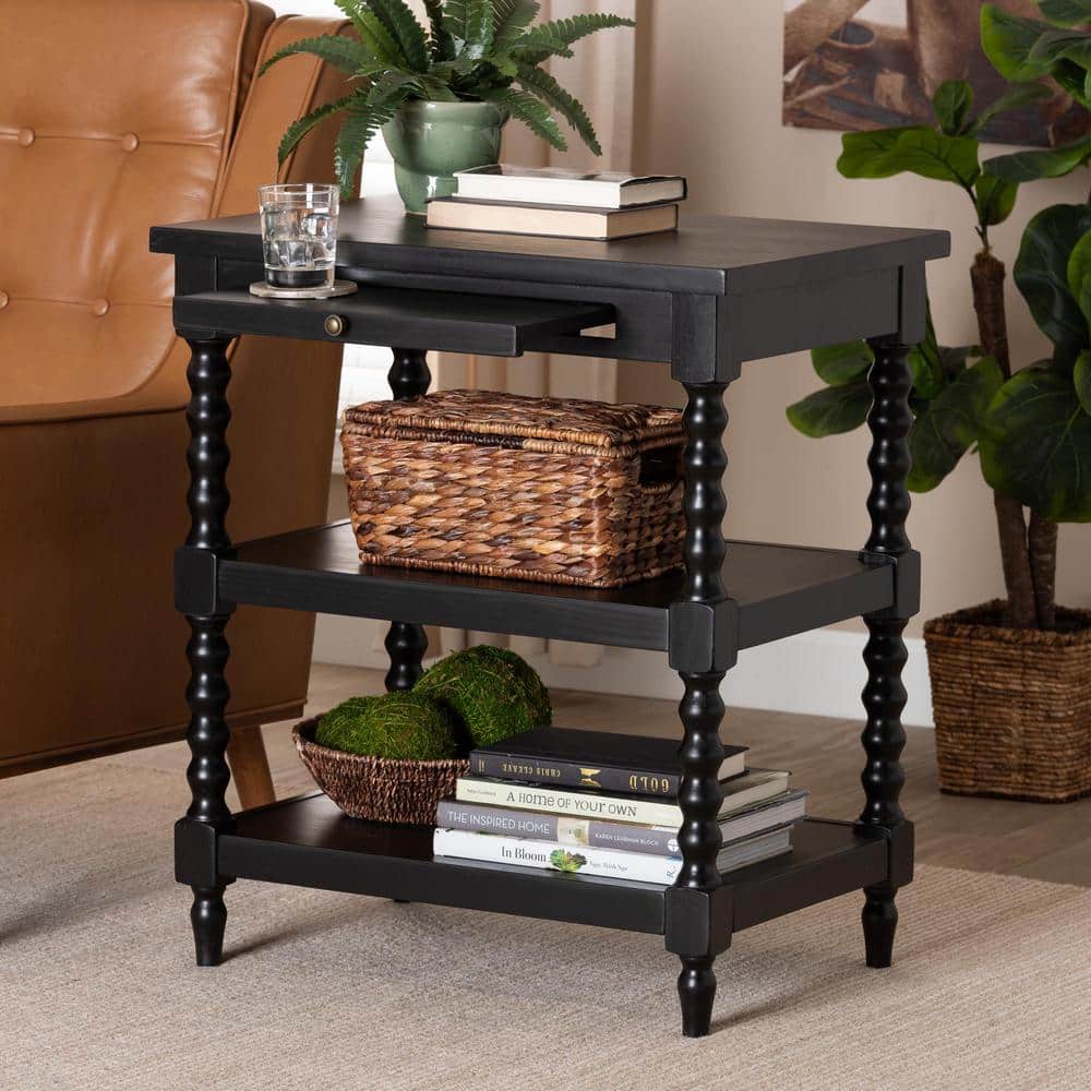 Imogene Black Wood End Table with Turned Legs