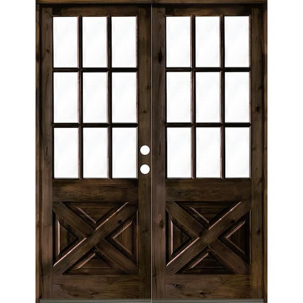 Krosswood Doors 72 in. x 96 in. Knotty Alder 2-Panel Left-Hand/Inswing 1/2 Lite Clear Glass Black Stain Double Wood Prehung Front Door