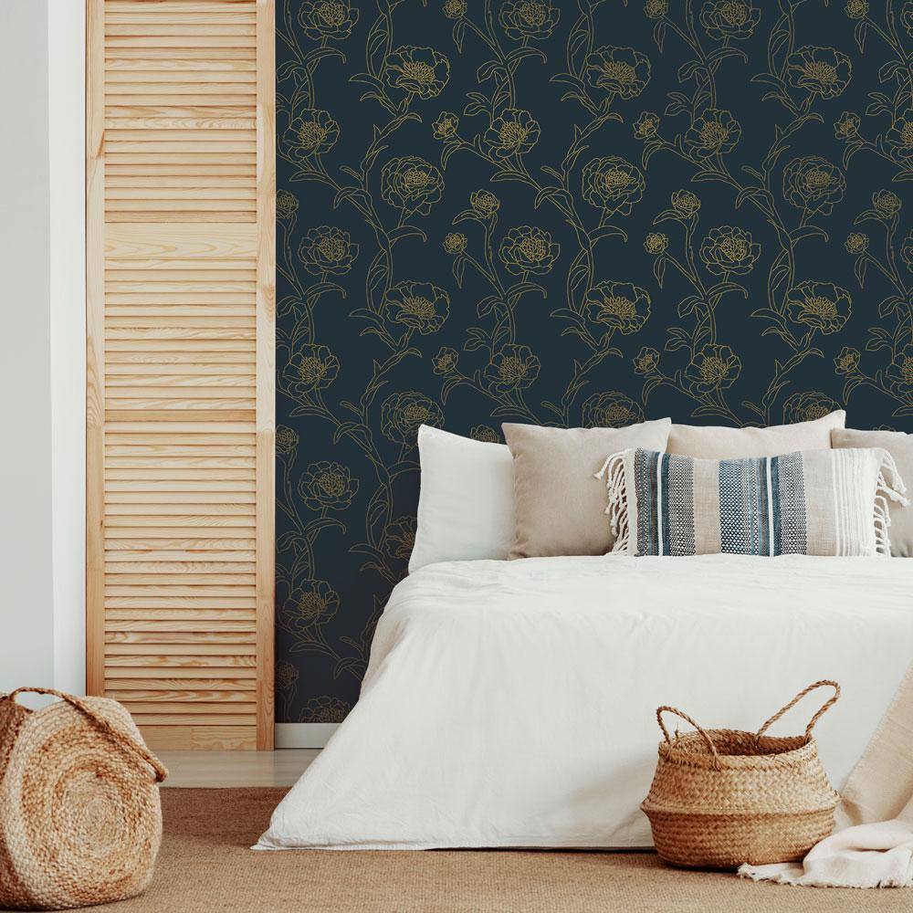 Peacock Blue and Gold Floral Peel and Stick Wallpaper
