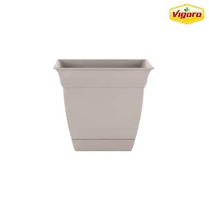 8 in. Mirabelle Small White Plastic Square Planter (8 in. D x 7.3 in. H) with Drainage Hole and Attached Saucer