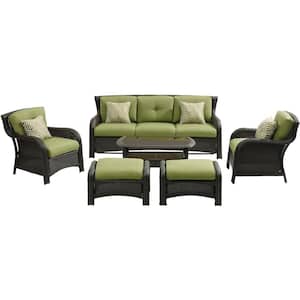 Corrolla 6-Piece Steel Frame Lounge Set with Sofa, 2 Side Chairs with cushions,Ottomans and Coffee Table, Cilantro Green