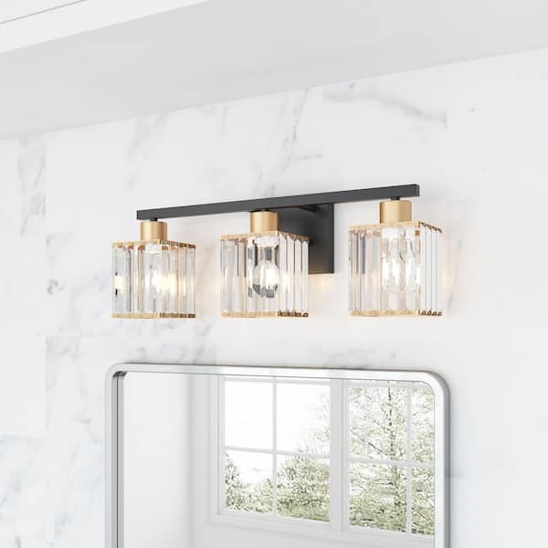 Modern 20.87 in. 3-Lights Black Bathroom Vanity Light Over Mirror Modern Crystal Wall Lamp with Crystal Shades