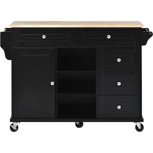 Black Kitchen Cart with Rubber Wood Top, Mobile Kitchen Island with Storage and 5 Drawers