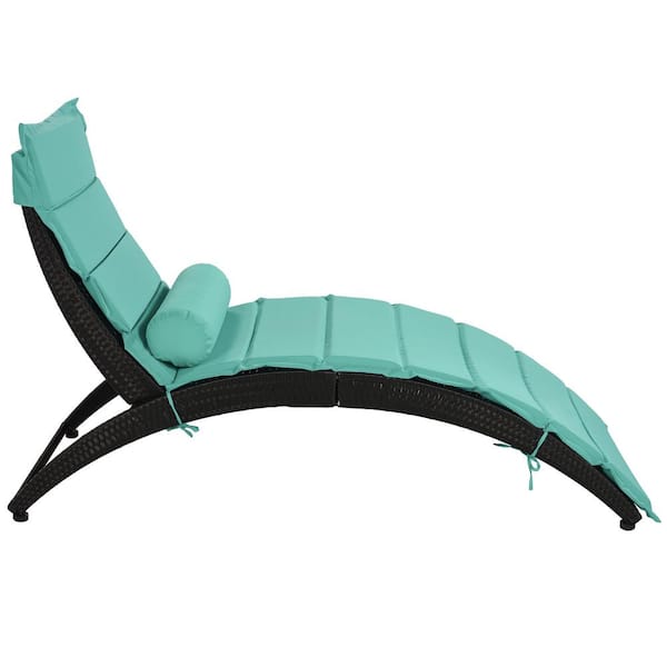AUTMOON Black Wicker Patio Wicker PE Rattan Foldable Sun Lounge Chair, with Removable Turquoise Cushion and Pillow