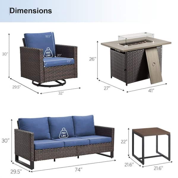 U-Frame 5-Piece Brown Wicker Fire Pit Conversation Set with Olefin Blue Cushions and Swivel Glider Chairs/Couch
