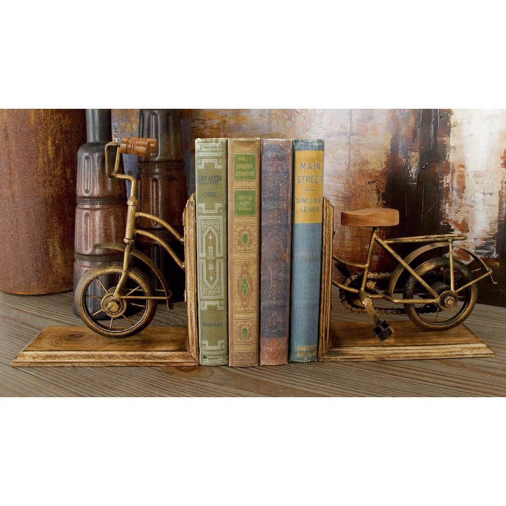 Litton Lane Brass Wood Bike Bookends (Set of 2)