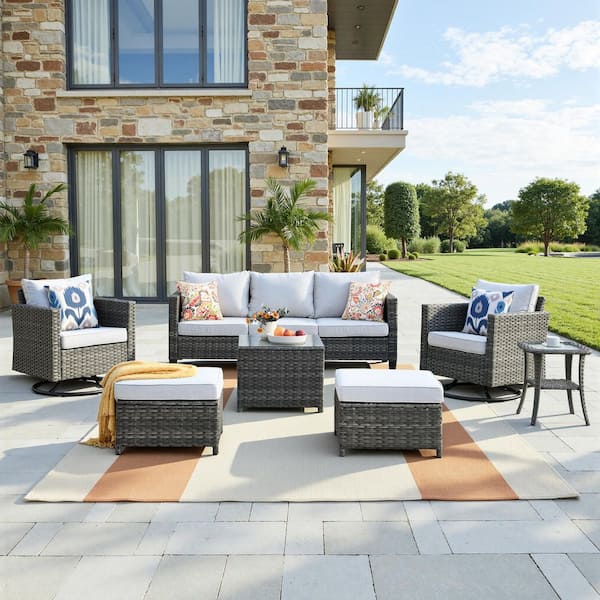 New Vultros Gray 7-Piece Wicker Outdoor Patio Conversation Set with Gray Cushions and Swivel Rocking Chairs