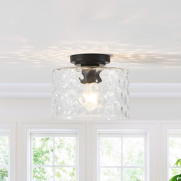 1-Light Painted Black Flush Mount Light with Clear Hammered Glass Shade