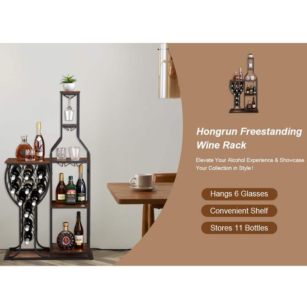 Rustic Brown 5-Tier Freestanding Wine Rack with Glass Holder