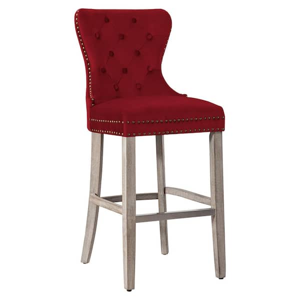 WESTINFURNITURE Harper 29 in. High Back Nail Head Trim Button Tufted Red Velvet Counter Stool with Solid Wood Frame in Antique Gray