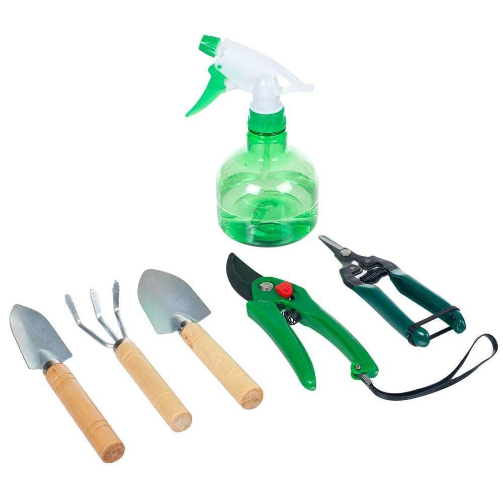 7-Piece Green and White Garden Tool Set with Tote Bag