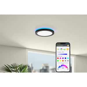 12 in. LED Flush Mount Smart CCT and RGB Selectable Matte Black Finish with Night Light Powered by Hubspace