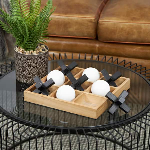 Litton Lane Brown Wood Dimensional Tic Tac Toe Game Set with 3D Black and White Game-Pieces