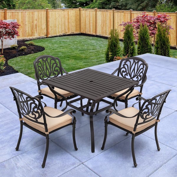 LAUREL CANYON Dack Brown 5-Piece Aluminum Square Table and Stackable Chairs Outdoor Dining Set with Khaki Cushions and Umbrella Hole