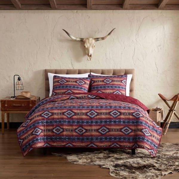 Anguston Reversible 3-Piece Husk/Red/Blue Microfiber King Quilt Set