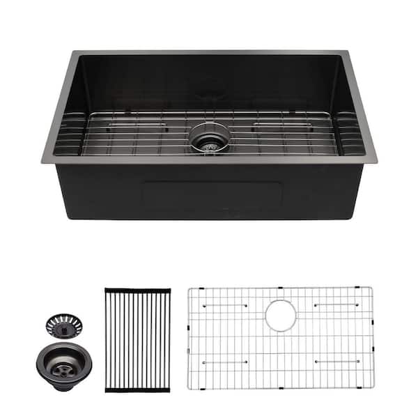 33 in. Undermount Single Bowl 16 Gauge Gunmetal Black Stainless Steel Kitchen Sink with Drying Rack and Dish Grid