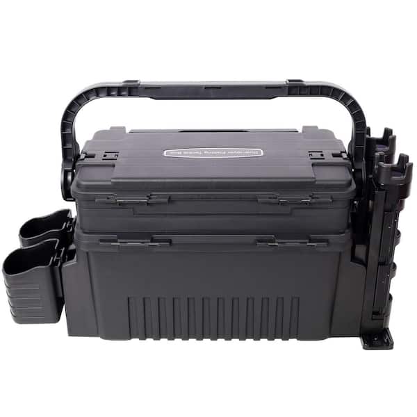 22.5 in. Black Dual-Layer Large Organizer Fishing Tackle Box with 2 Rod Holder, 2 Cup Holder and Strap