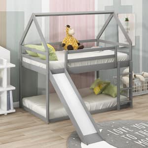 Gray Twin Over Twin House Style Bunk Bed with Slide