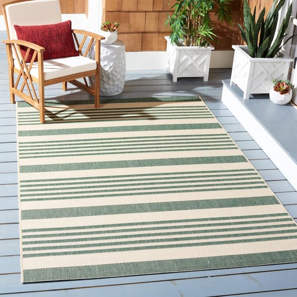 Courtyard Beige/Dark Green 7 ft. x 7 ft. Striped Indoor/Outdoor Square Area Rug