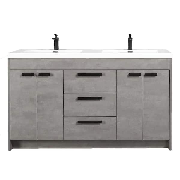 Lugano 60 in. Double Sink Concrete Gray Bath Vanity with White Acrylic Top (Assembled)