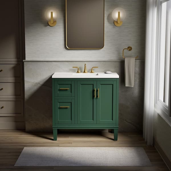 Chesil 36 in. Single Sink Freestanding Emerald Green Bath Vanity with Bianco Bella Quartz Top