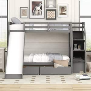 Gray Twin Over Full Bunk Bed with Slide for Kids and Teenagers, Solid Wood Bunk Bed Frame with Drawers and Storage