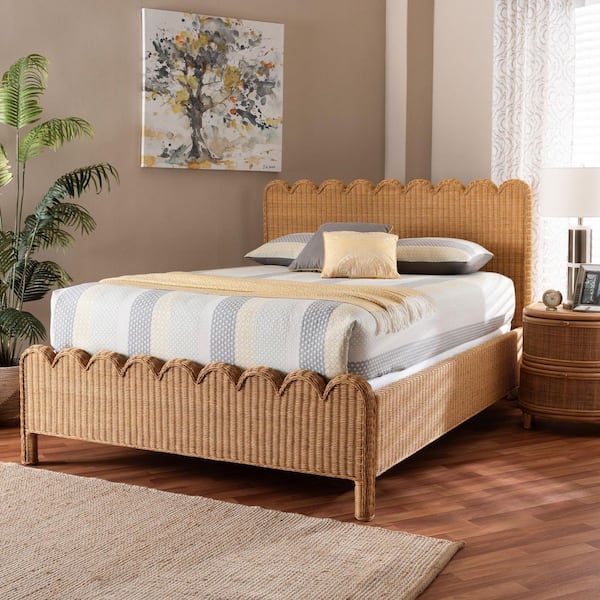 Maritza Light Honey Brown Rattan and Mahogany Wood Frame King Panel Bed
