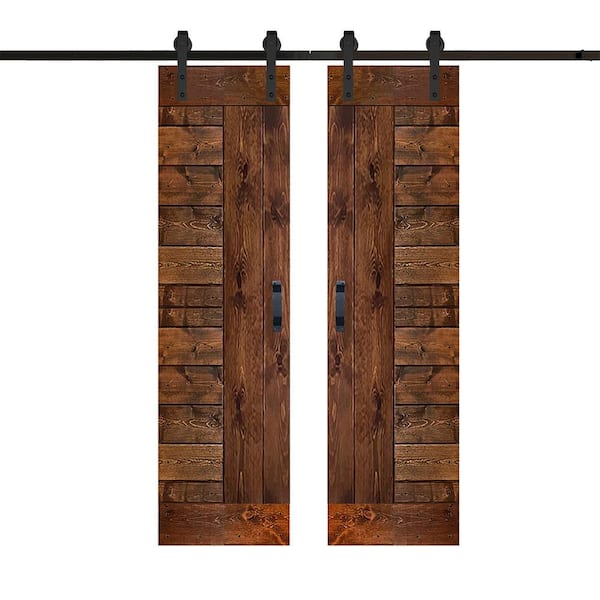 L Series 48 in. x 84 in. Dark Walnut Finished Solid Wood Double Sliding Barn Door with Hardware Kit - Assembly Needed