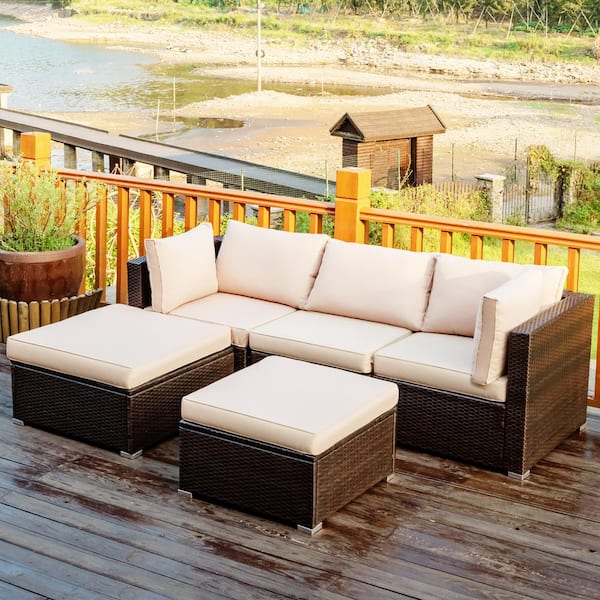 Costway Island 5-Piece Wicker Patio Conversation Set with Beige Cushions