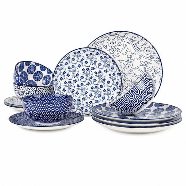 12-Piece Blue Ceramic Dinnerware Set, Scratch Resistant, Dishwasher and Microwave and Oven Safe, (Service for 4)