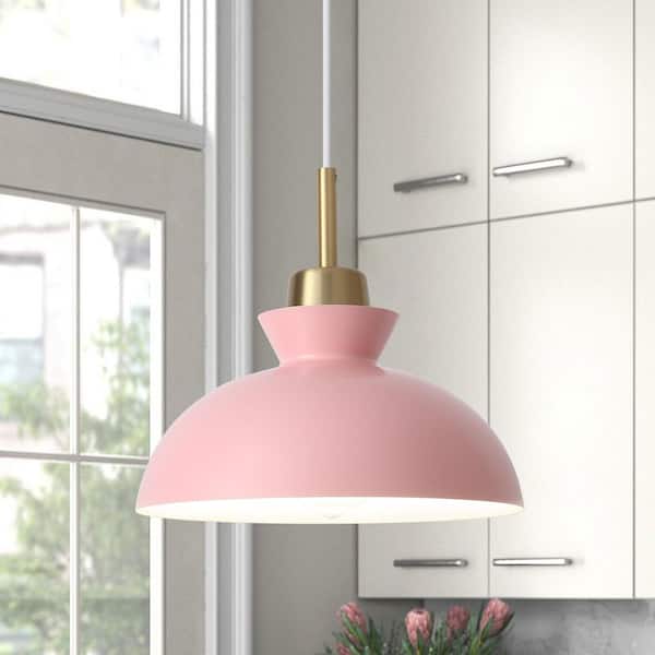 ADSENSTY 1-Light Simple Pink Single Dome Pendant Light with Metal Shade