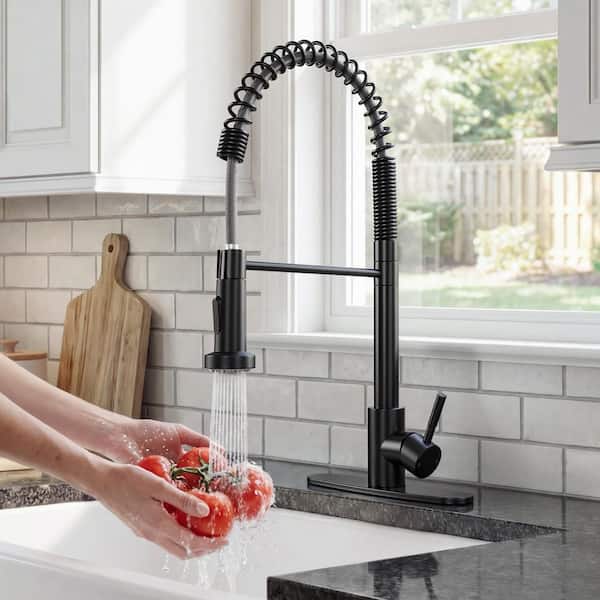 Akicon Black 17.19 in. H Pre-Rinse Spring Single-Handle Pull-Out Sprayer Kitchen Faucet with 360° Spout Swivel