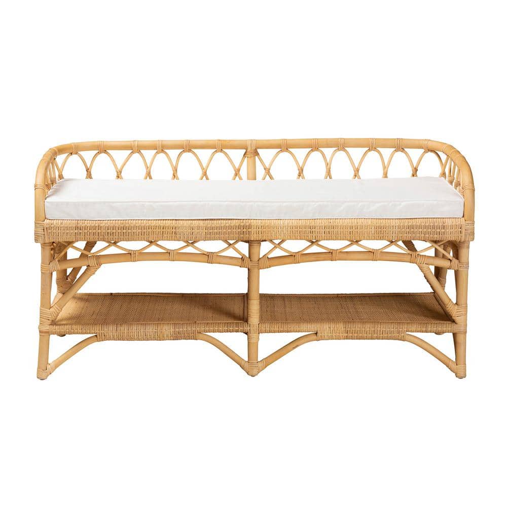 Natural Rattan Bench with Storage and Cushion