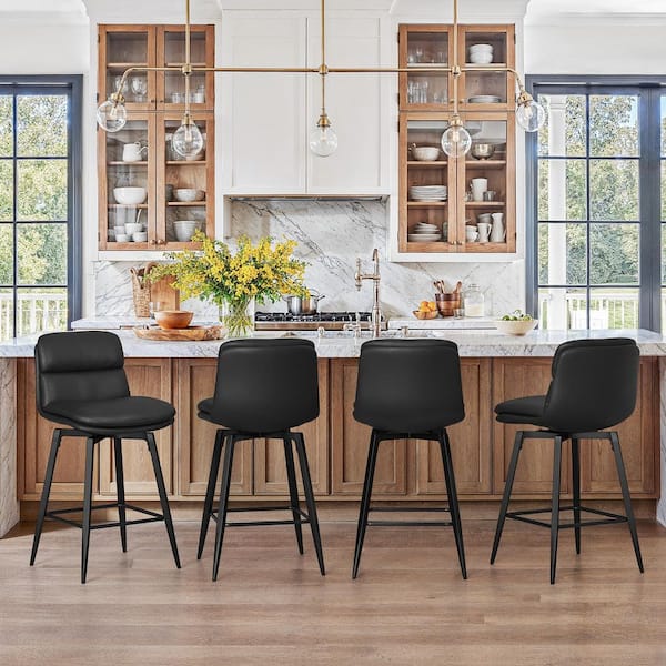 DAHLIAH 26 in. Light Black Faux Leather Metal Frame Double-layer Cushioned Swivel Bar Stool With Footrest (Set Of 4)